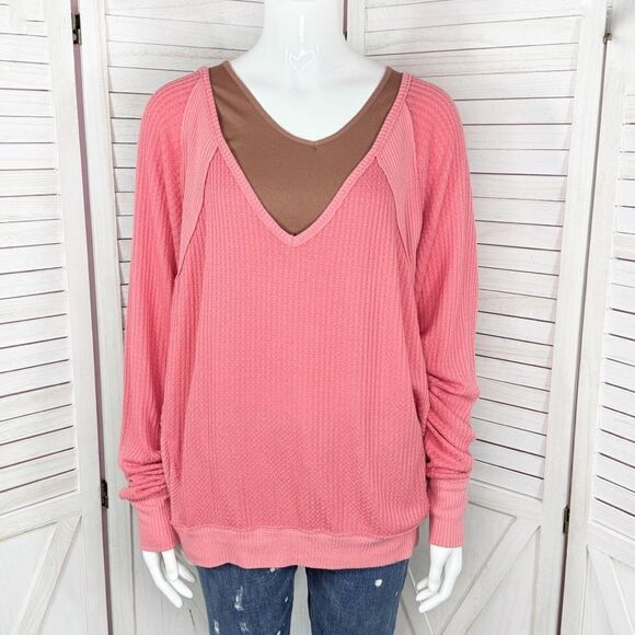 Free People Santa Clara Thermal Oversized Shirt Coral Pink Orange Medium - Picture 2 of 14